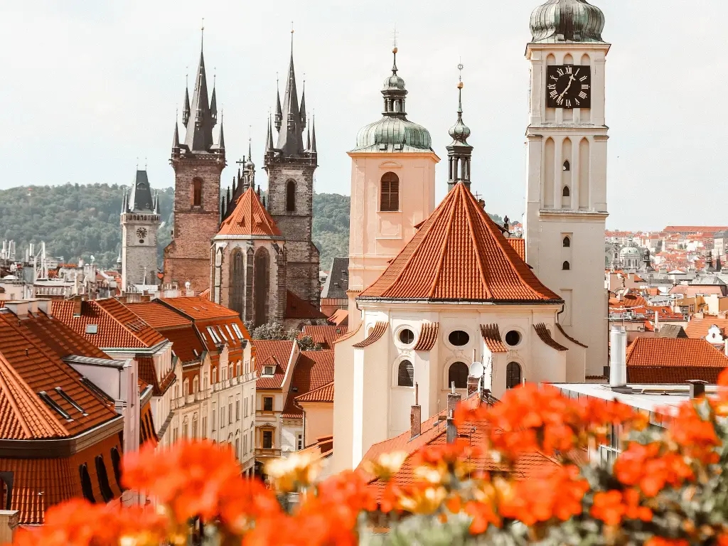 View of ornate towers in Prague