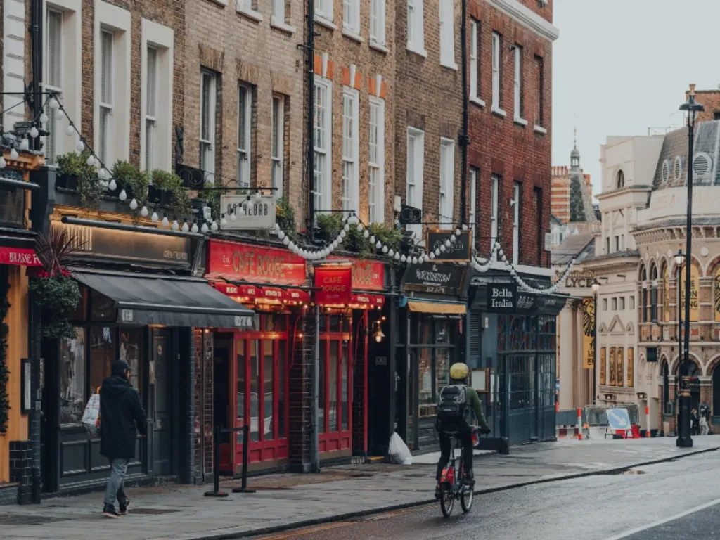 A street lined with shops in Covent Garden, London