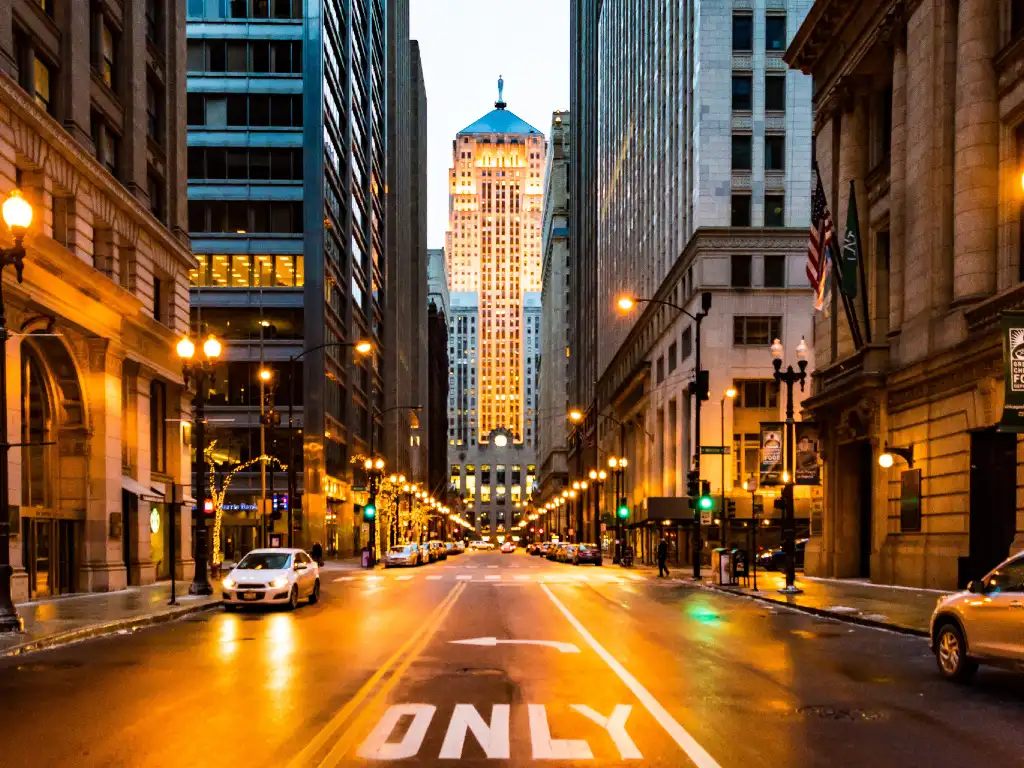 street of downtown chicago at night.