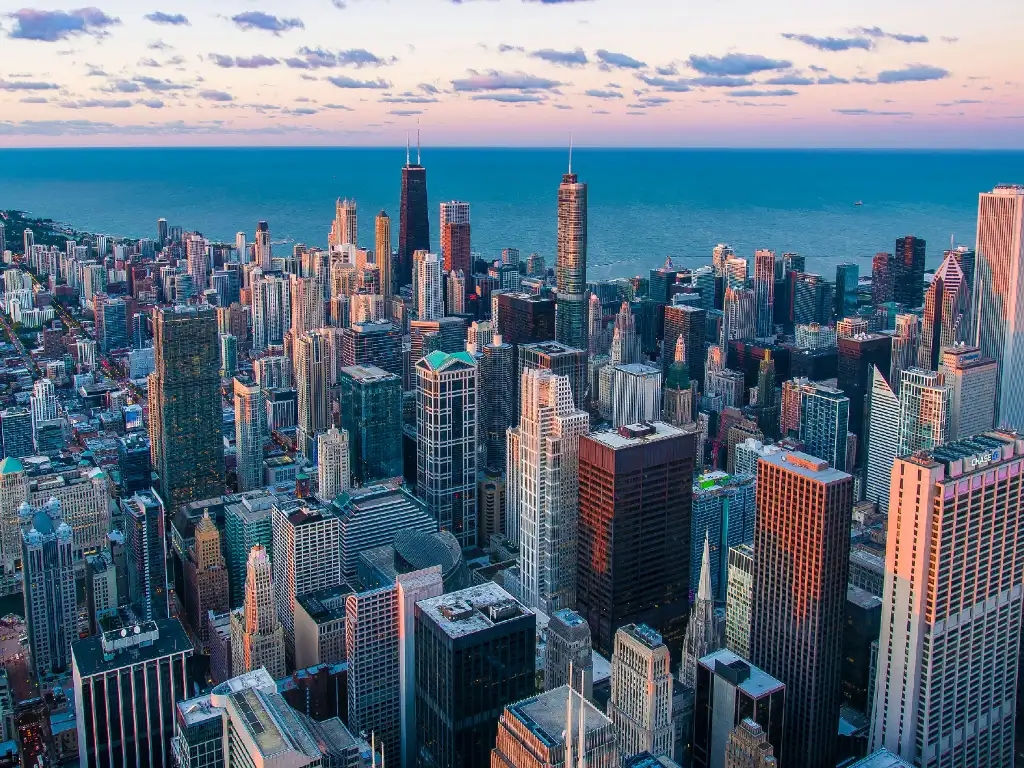 skyline view of Chicago and Lake Michigan.