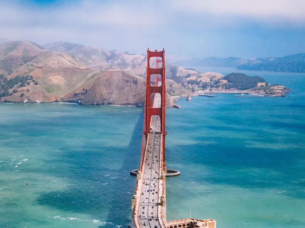 Aerial view of the Golden Gate Bridge, San Francisco Bay, and Marin Headlands