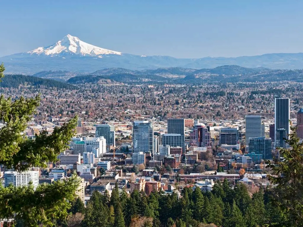 view over Portland, Oregon, with Mt. Hood in background.