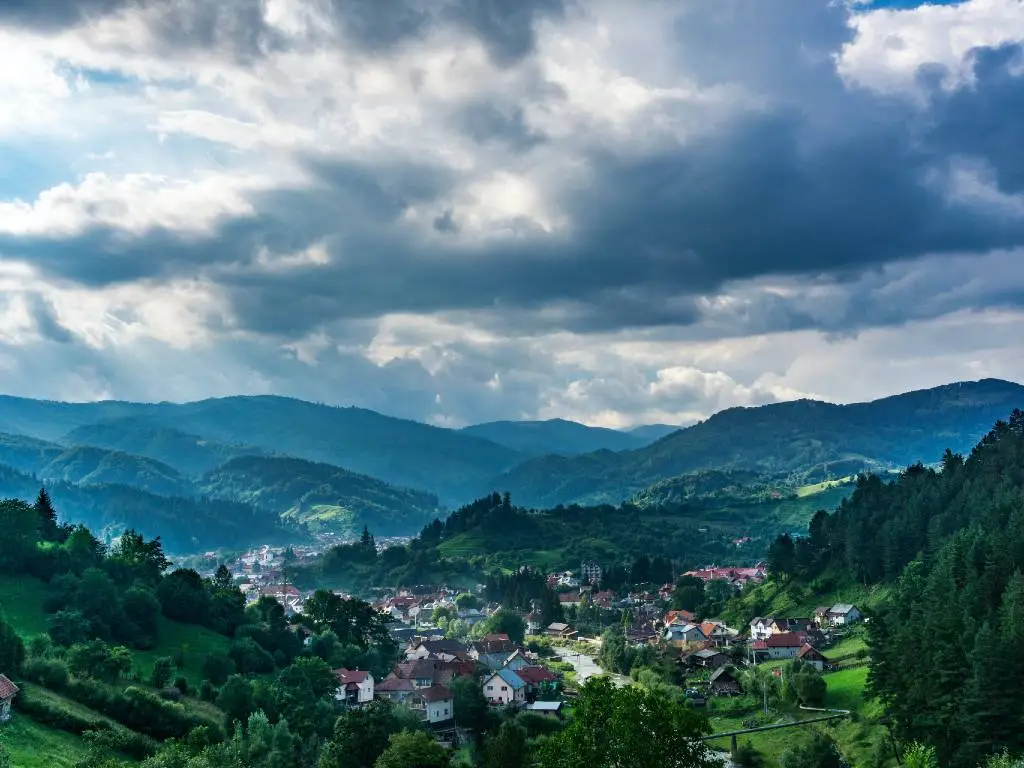 view of mountains and town in Transylvania.