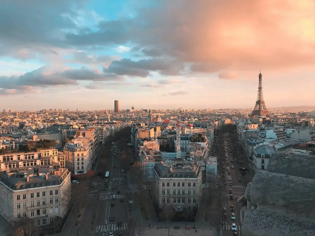 view overlooking Paris with Eiffel Tower in the distance.