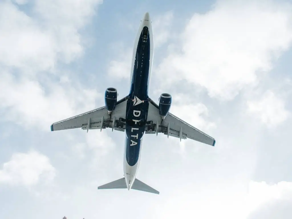 looking up at Delta plane flying overhead.