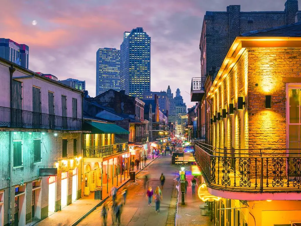 looking down Bourbon Street in New Orleans.