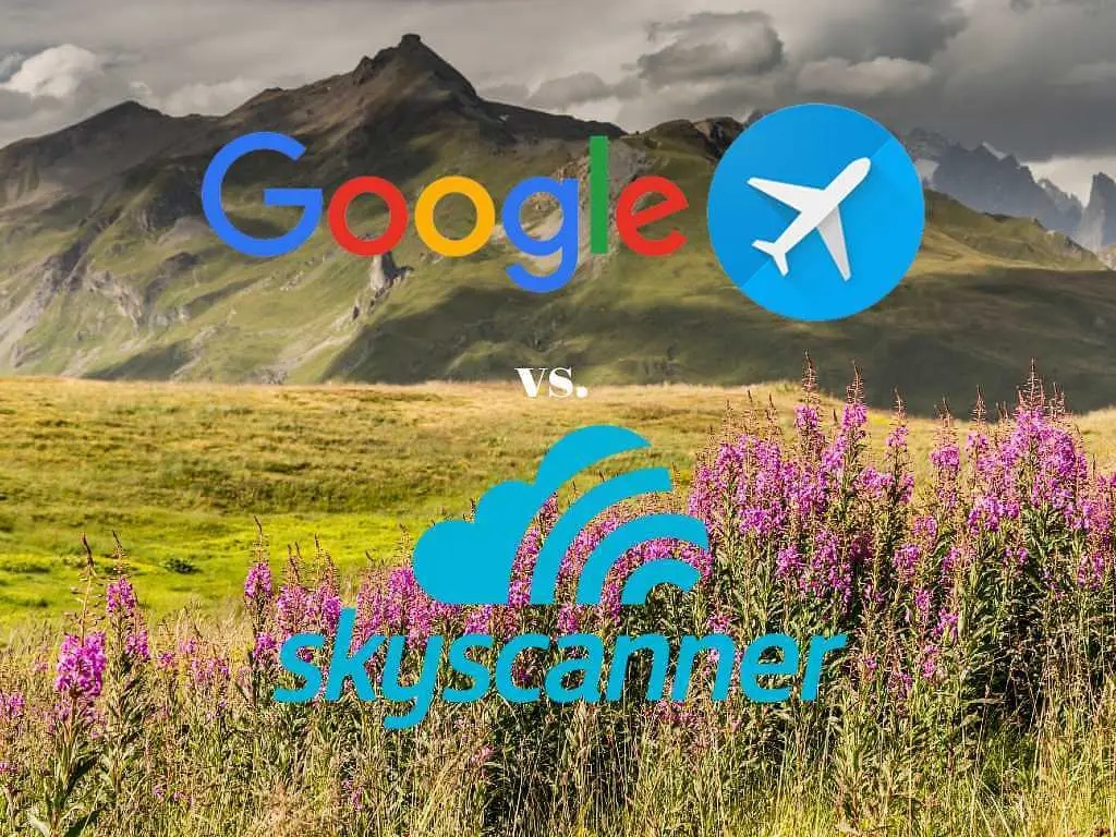 field in iceland with google flights and skyscanner logos.