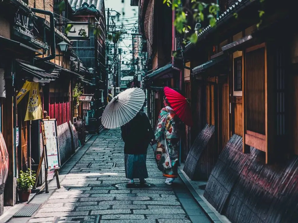women in kimonos walking down street in Japan.