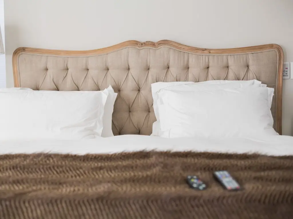 hotel room bed.
