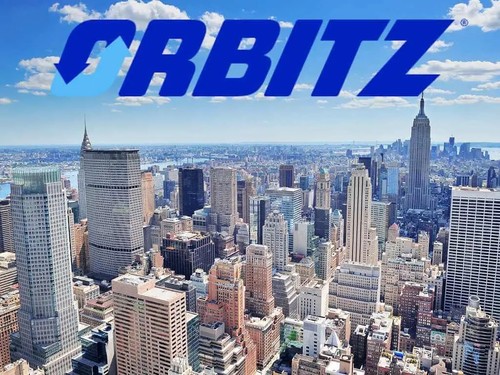 New York City Skyline with Orbitz flights logo above