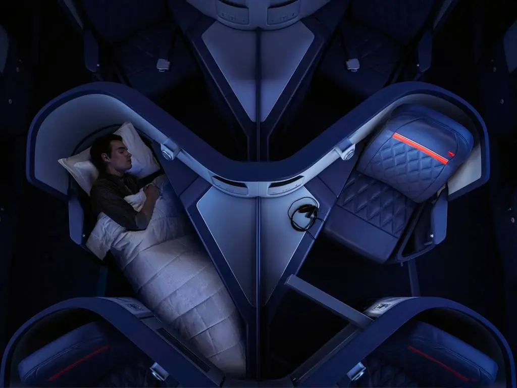 passenger sleeping in Delta One cabin.