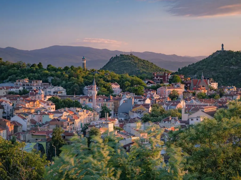Aerial view of Bulgarian town and surrounding mountains