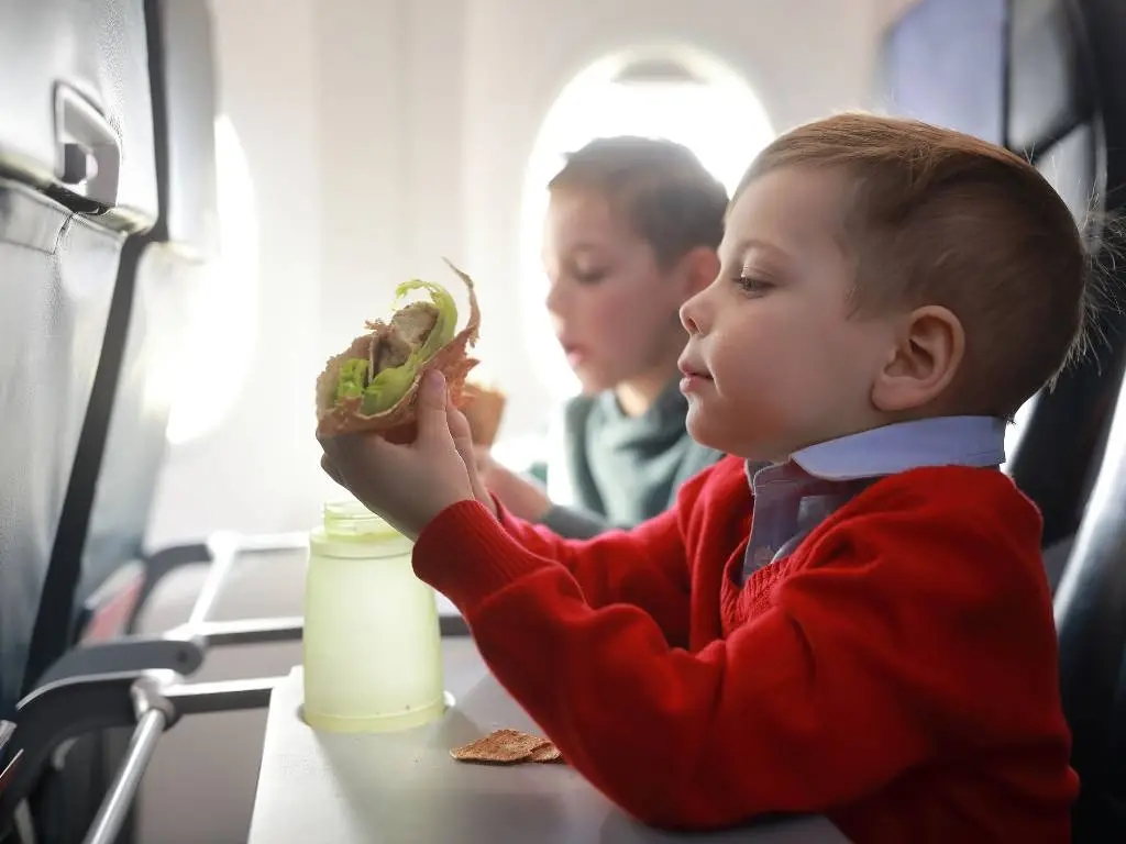child eating a sandwich on an airplane.