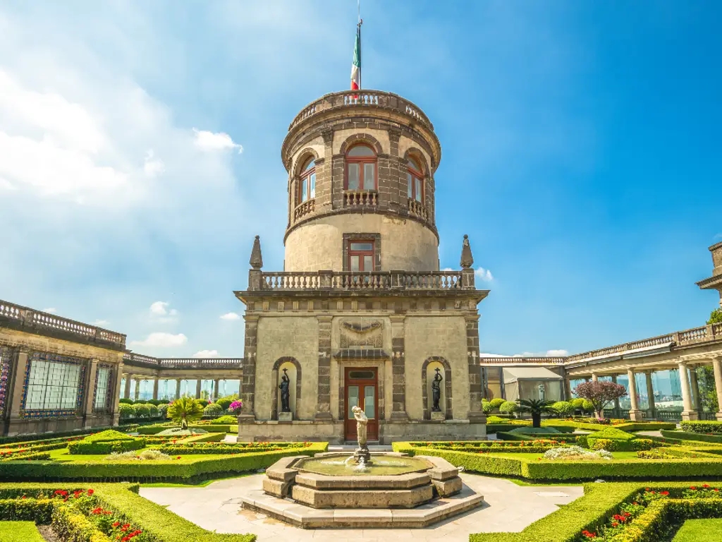 Tower and gardens at Chapultepec Castle in Mexico City