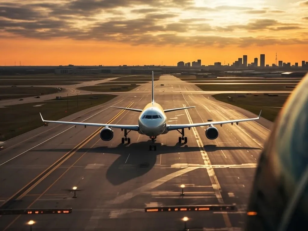 A plane sits on the runway at sunset