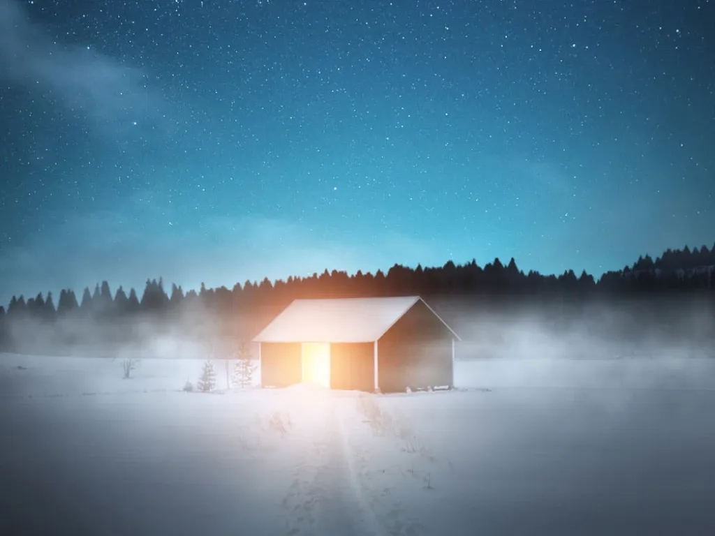 A small hut glows amid a snowy landscape in Finland