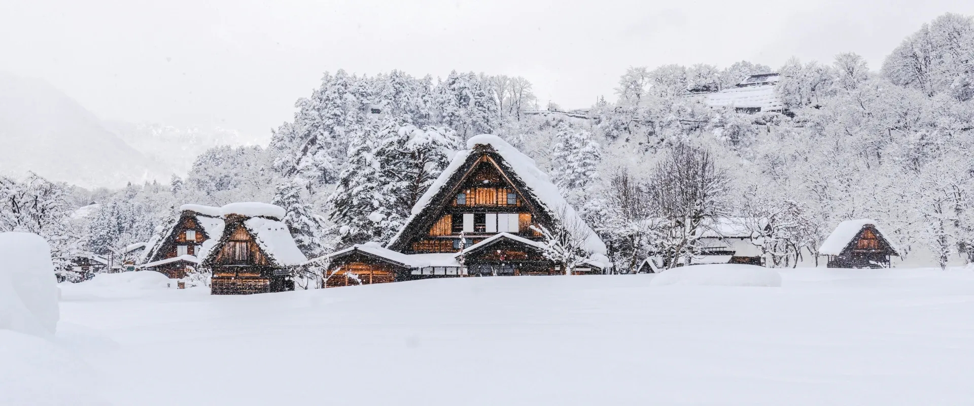 A cabin is covered in snow amidst a wintery backdrop