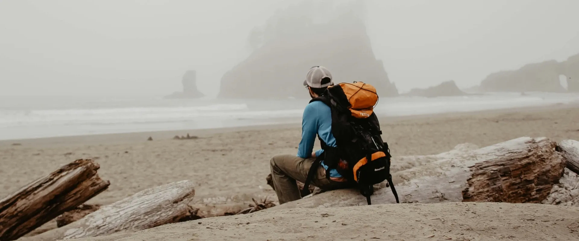A man sits with a backpack on looking at the ocean from a log on the beach