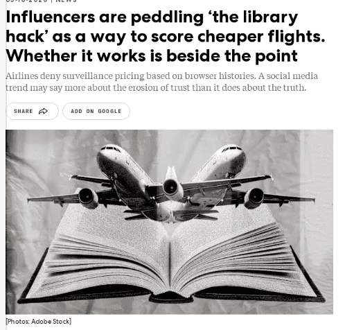 Influencers are peddling 'the library hack' as a way to score cheaper flights. Whether it works is beside the pointb
