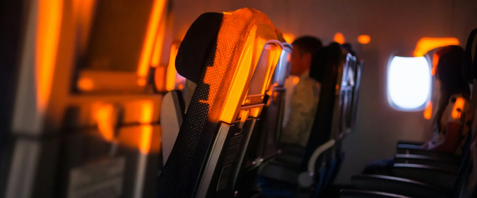 Airplane seats shine in the sunlight through the plane window