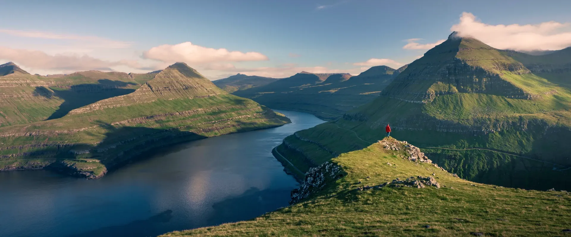 Aerial view of a fjord in the Faroe Islands