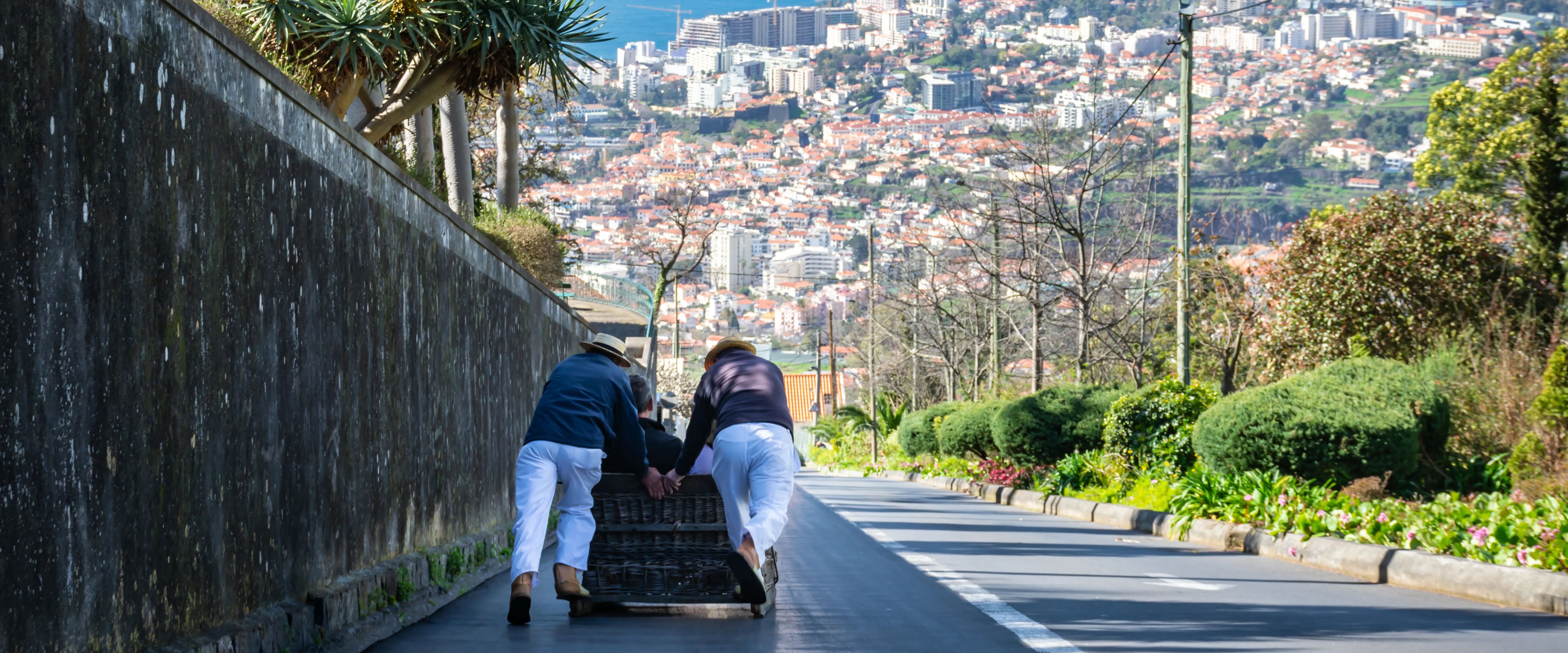 Carreiros push a toboggan down the hill in Madeira