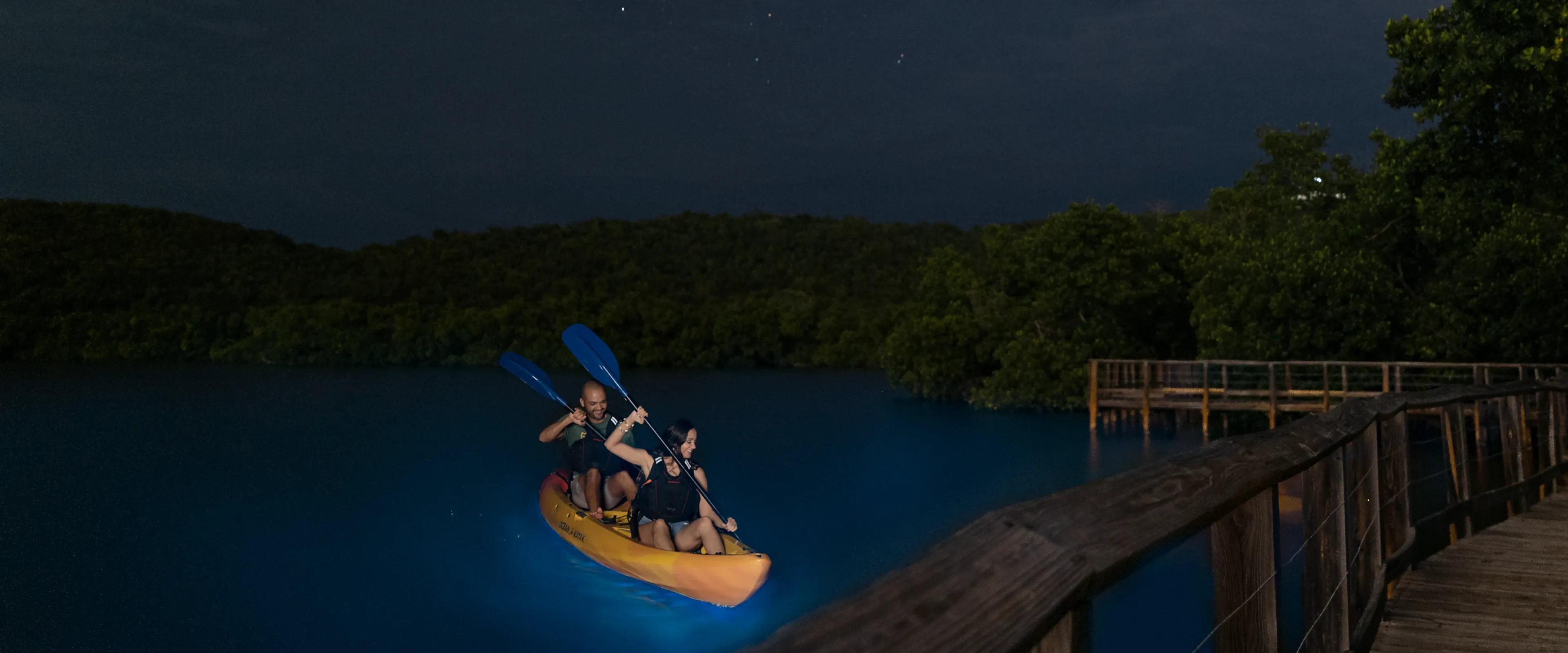 People kayak through a bioluminescent bay in Puerto Rico
