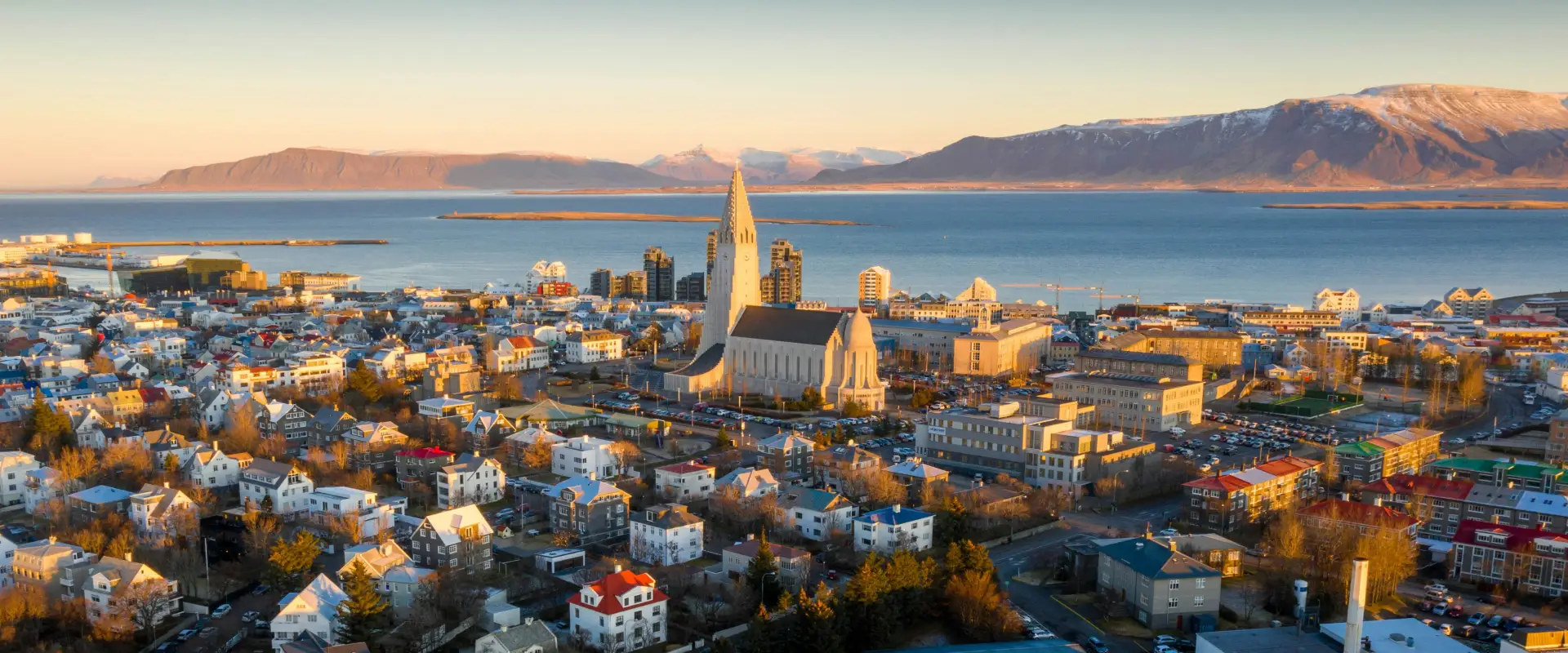 Hallgrimskirkja in Reykjavik, Iceland, at golden hour