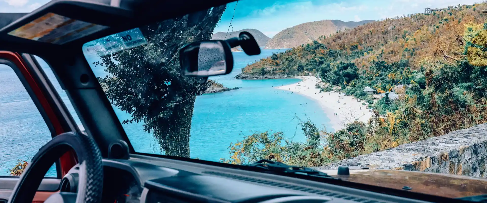 Looking out the front window of a Jeep in the US Virgin Islands