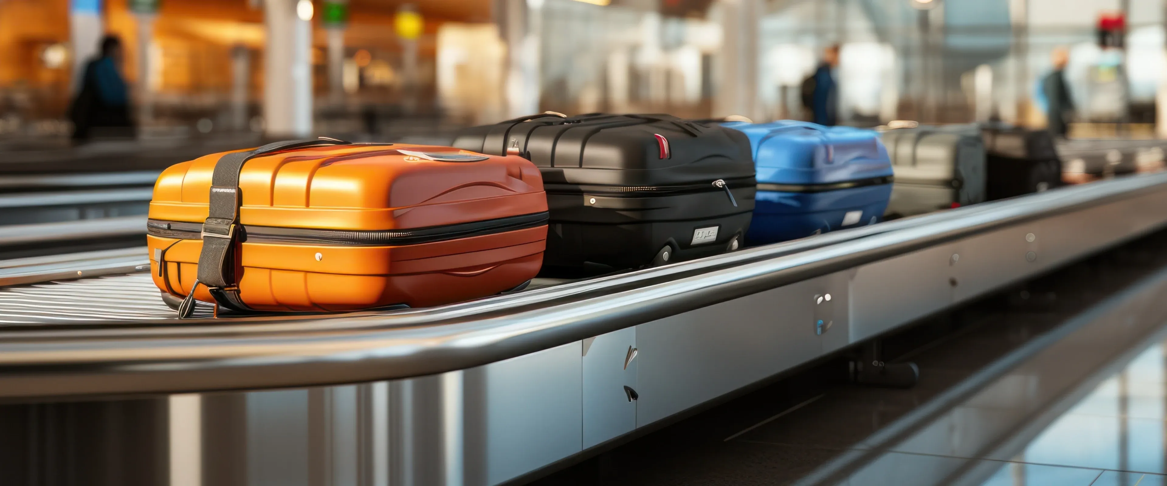 Checked bags on a conveyer belt at the airport